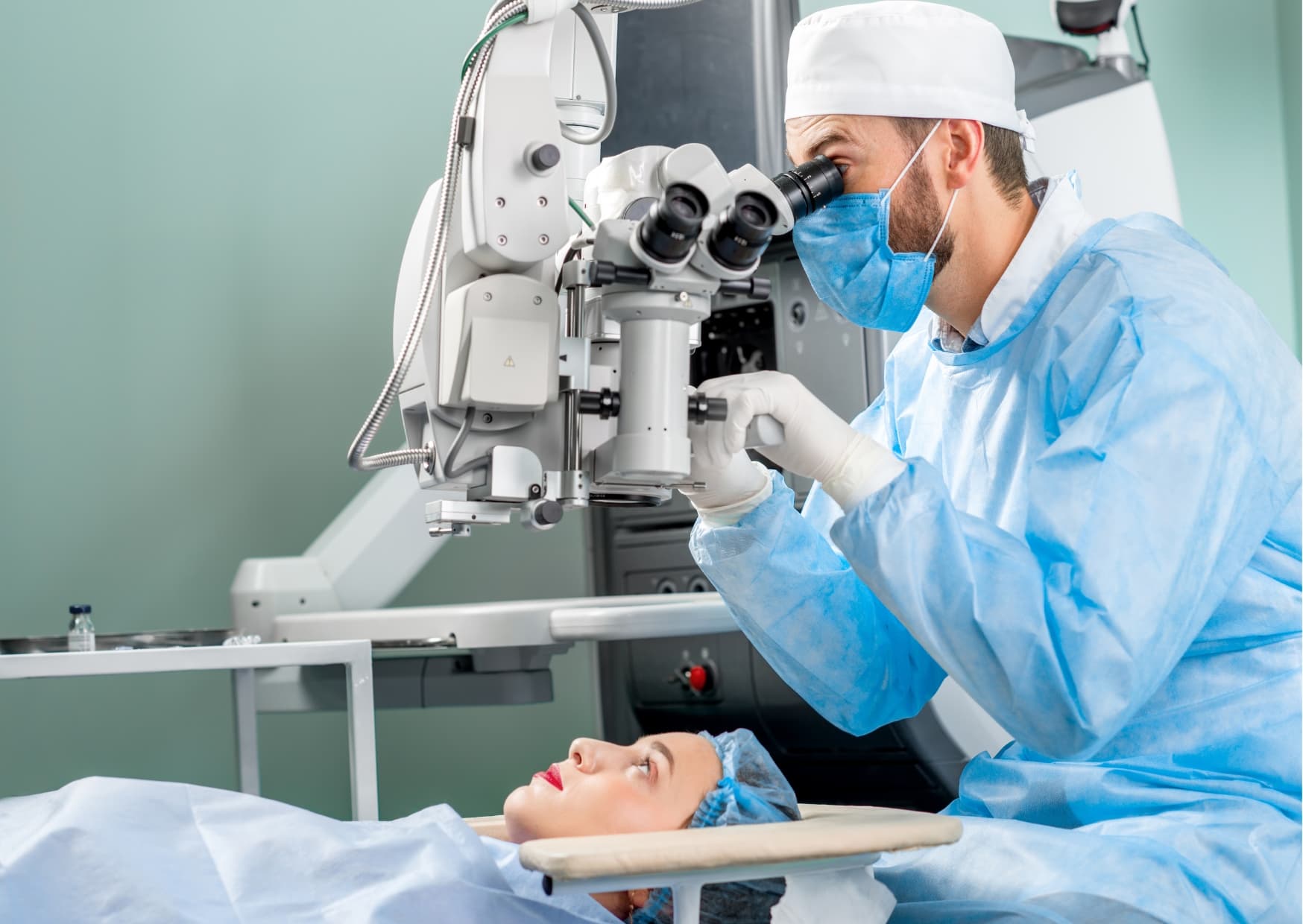 Ophthalmologist using a slit lamp to examine a patient's eyes